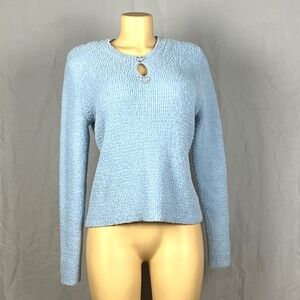 Blue Rhinestone Sweater Womens M Heart Keyhole Fuzzy Knit Y2K Soft Girl Romantic